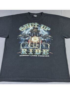 Rare Vintage Y2K Biker Skeleton Shut Up And Ride Nobody Lives Forever Black 2XL
